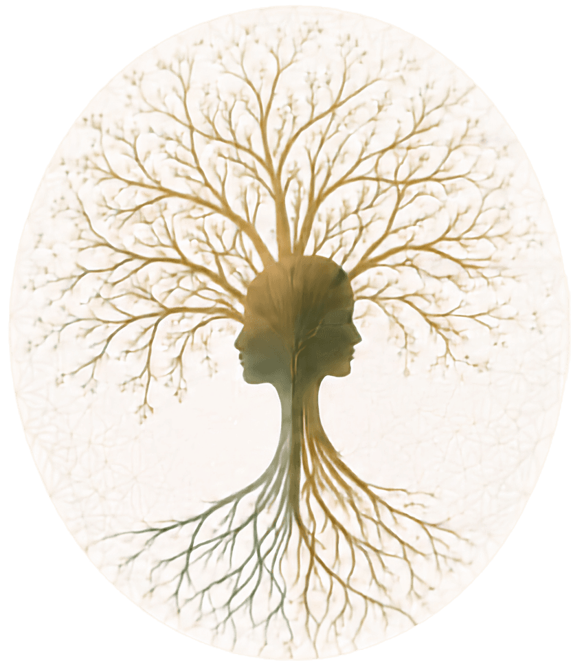 Deux profils humains reliés à un arbre, ses branches et ses racines